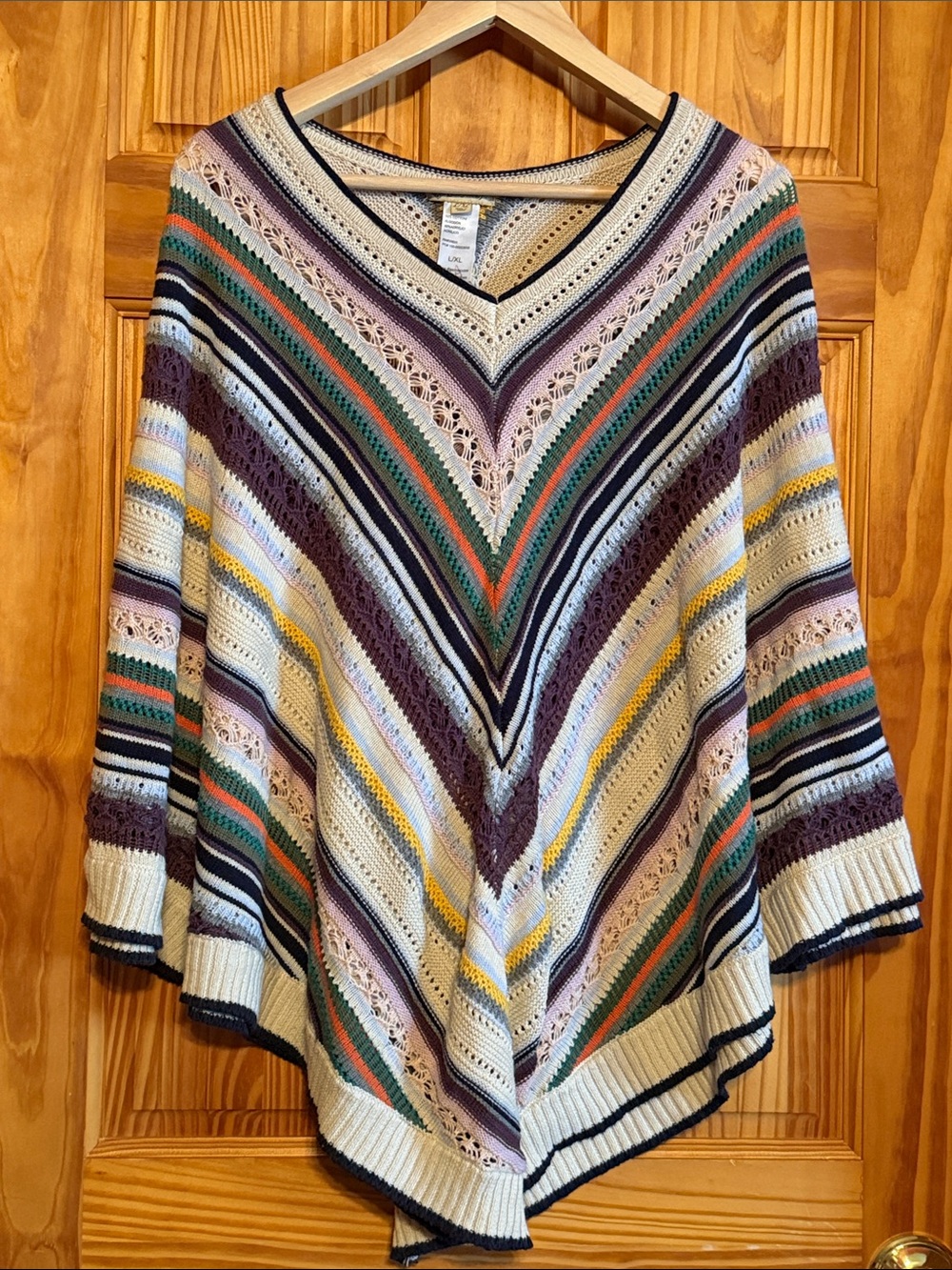 Democracy Multicolor Striped V-Neck Poncho - Cream, Green, Purple, Yellow, Black